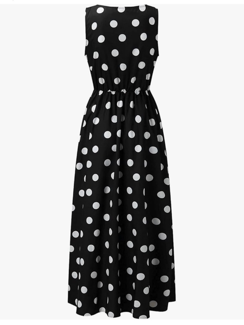 Sleeveless Black Maxi Dress with White Polka Dots
